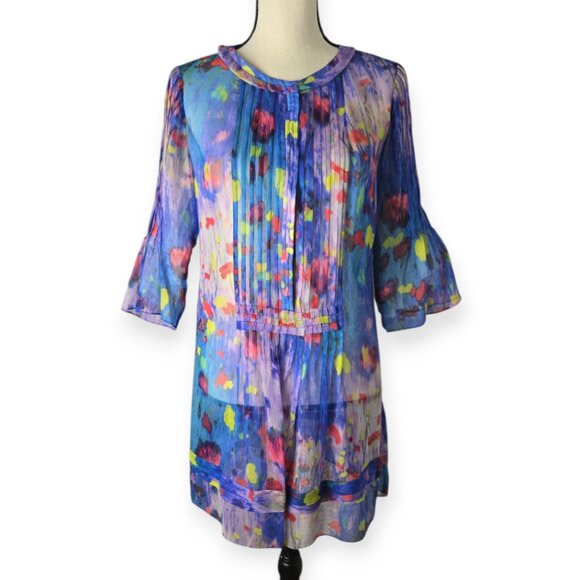 Elie Tahari "Jillie" Blue Lagoon Watercolor Pure Silk Pleated Tunic S NWT - Picture 2 of 13